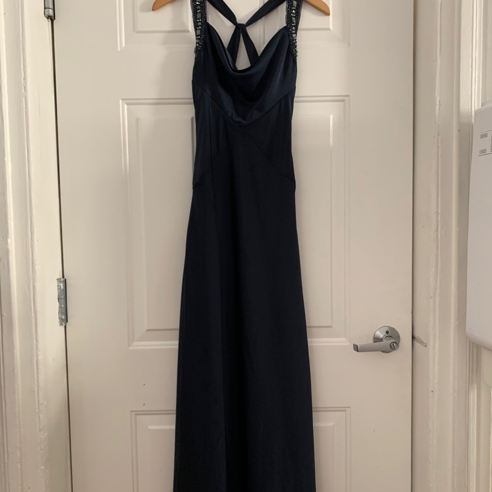BCBG navy cowl neck maxi for prom or bridesmaid